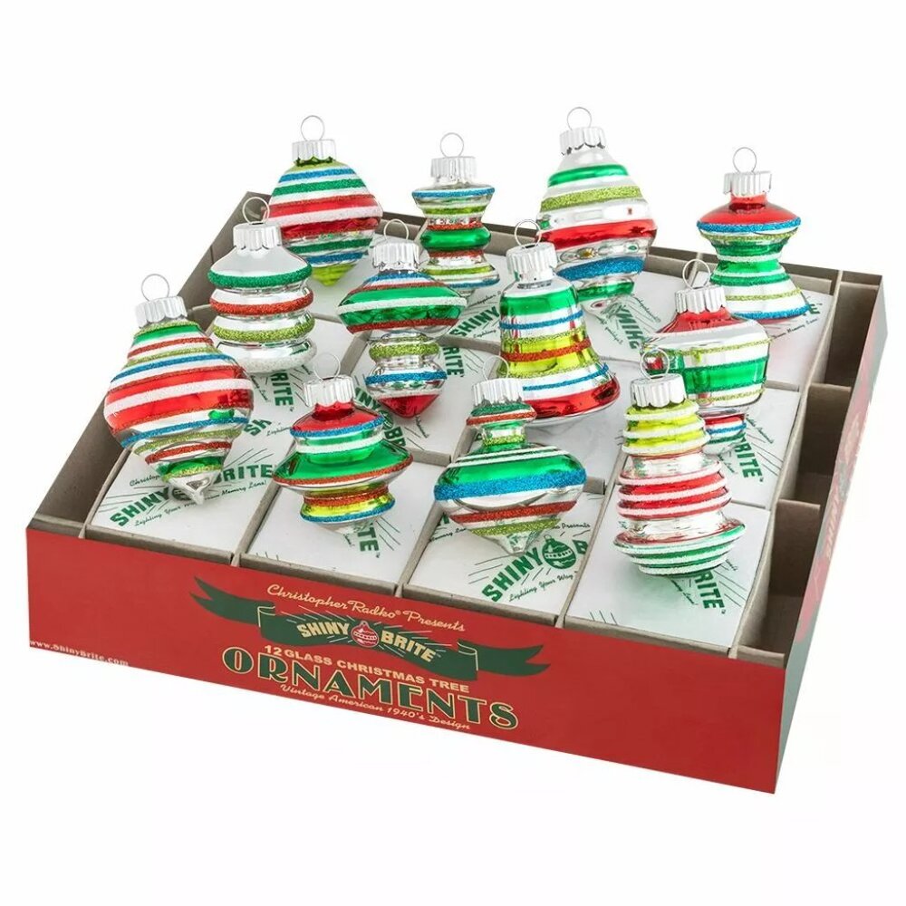 Shiny Brite Holiday Splendor Stripe Shapes Red Green Ornament Set 12 1.75"